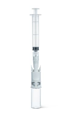 Chemfort vial and syringe adaptor-Picture of Chemfort vial and syringe adaptor connected to empty Vial and Syringe